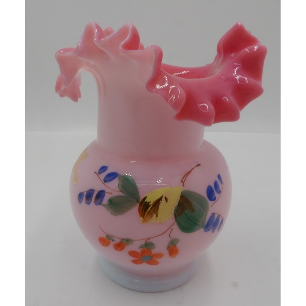 Antique Victorian Glass Pink Ruffled Rim Vase Hand Painted Floral 5" Tall